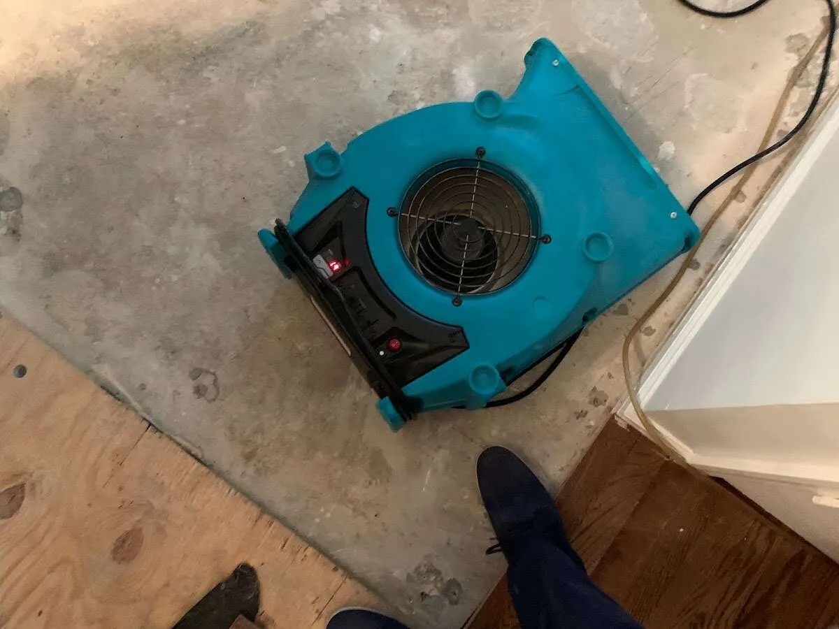Air mover drying subfloor during Commercial Water Damage Restoration in Wickliffe
